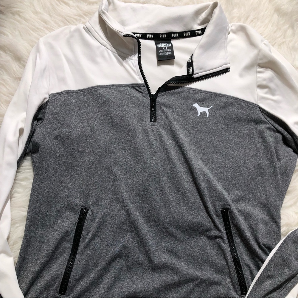 Pink Victoria’s Secret Large L ultimate quarter zip long sleeve top grey white
